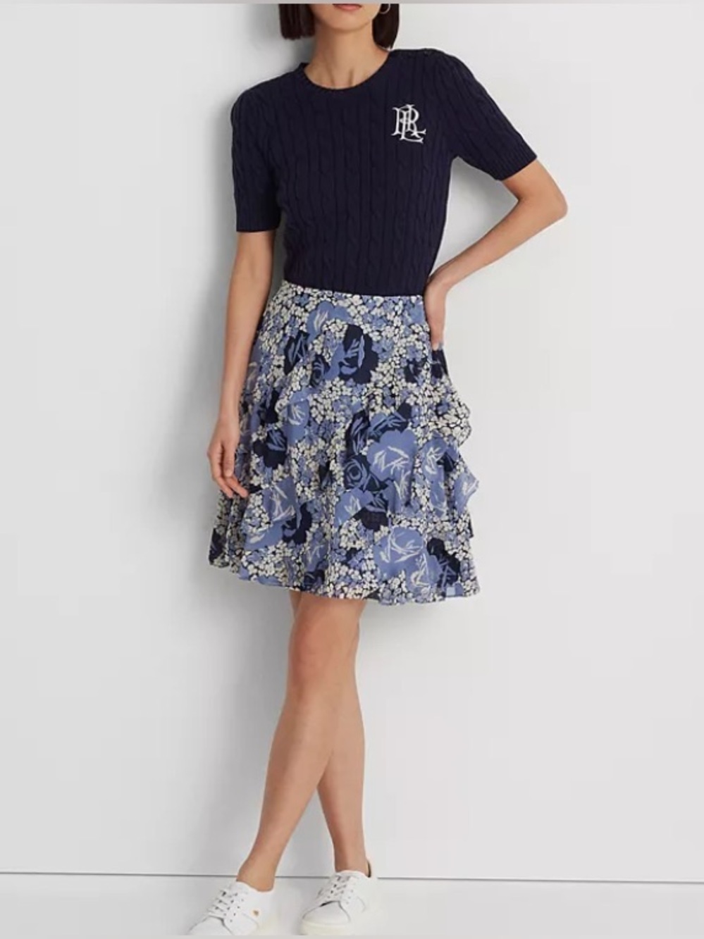 Lauren Ralph Lauren Floral Ruffle-Trim Georgette Skirt Blue Cream Multi Size 4